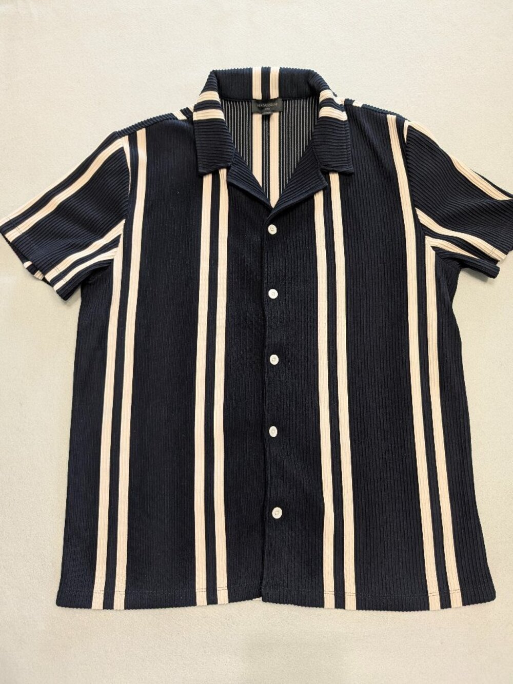 Magaschoni Man L Black Beige Striped Plissé Knit Resort Shirt